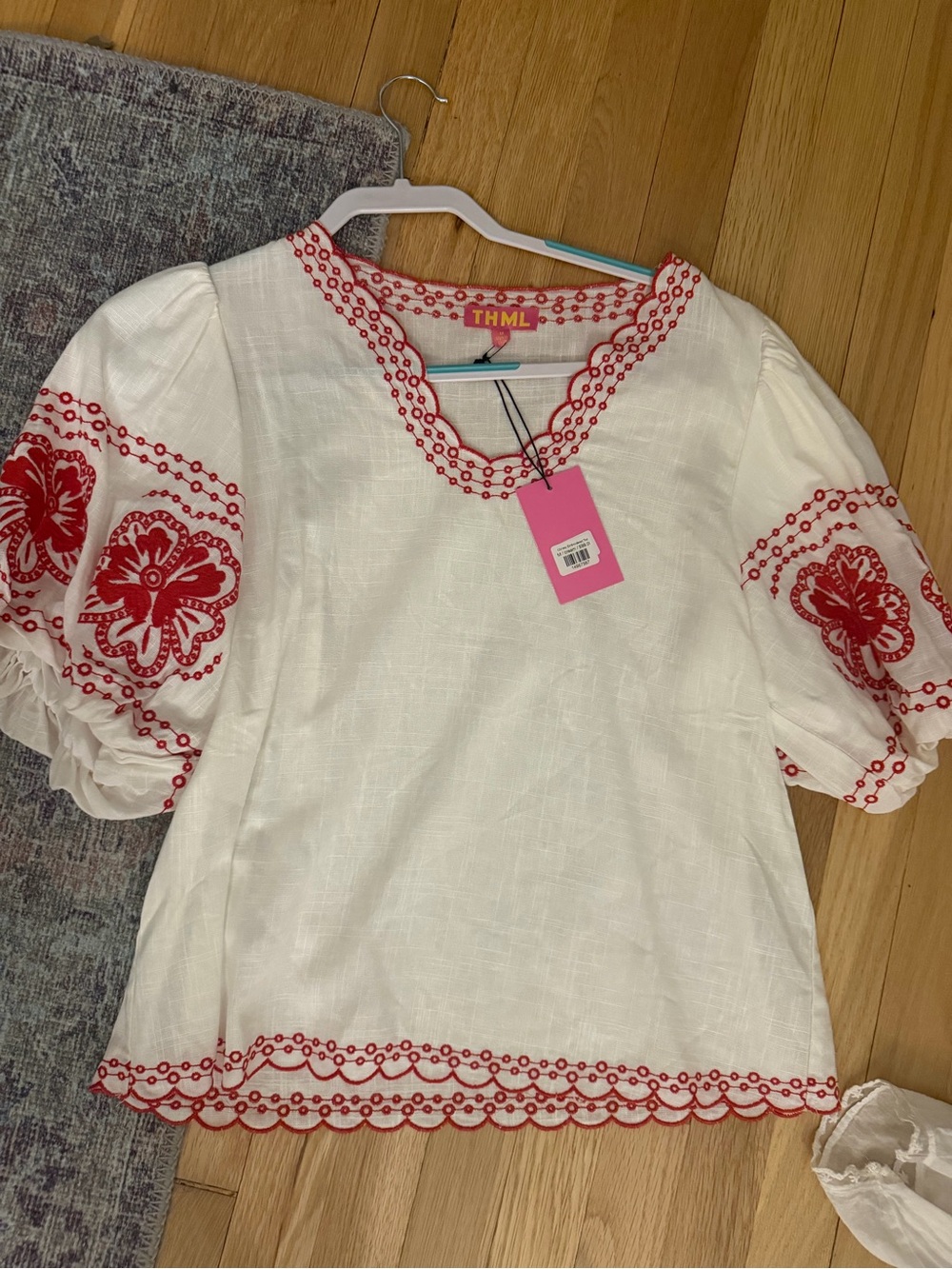 THML White Blouse with Red Embroidered Puff Sleeves